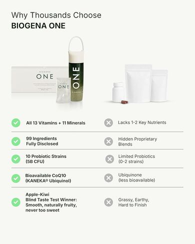 BIOGENA ONE All-in-one Super Greens Powder - Supports Energy Metabolism & Immune Function**- 99 Nutrients with Probiotics, Vitamins & CoQ10 - No Added Sugar - Apple-Kiwi - 30 Travel Packs + Bottle in Saudi Arabia