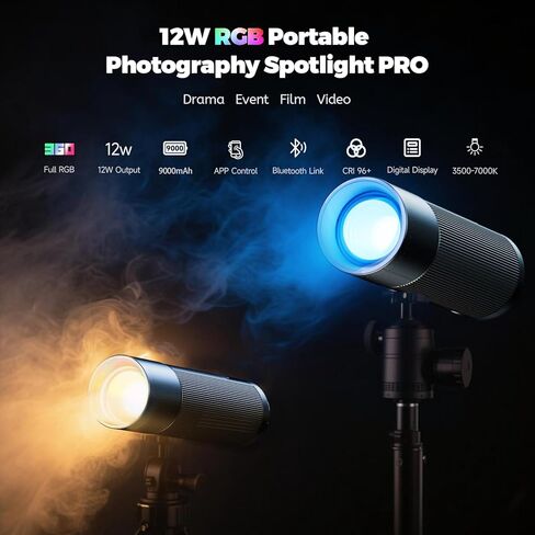 PHOTOOLEX PRO 12W RGB Photography Flashlight, 360 ° Full Color LED Portable Spotlight, Conical Optical Snoot Kit with 10 Metal Gobos/9000mAh/3 Lens/CRI 96+/12 Effects, LCD Display, APP Control in Kuwait