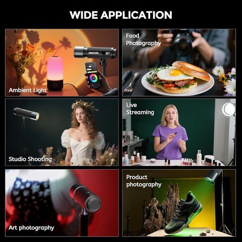 PHOTOOLEX PRO 12W RGB Photography Flashlight, 360 ° Full Color LED Portable Spotlight, Conical Optical Snoot Kit with 10 Metal Gobos/9000mAh/3 Lens/CRI 96+/12 Effects, LCD Display, APP Control in Kuwait