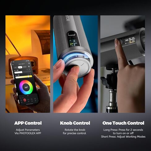 PHOTOOLEX PRO 12W RGB Photography Flashlight, 360 ° Full Color LED Portable Spotlight, Conical Optical Snoot Kit with 10 Metal Gobos/9000mAh/3 Lens/CRI 96+/12 Effects, LCD Display, APP Control in Kuwait