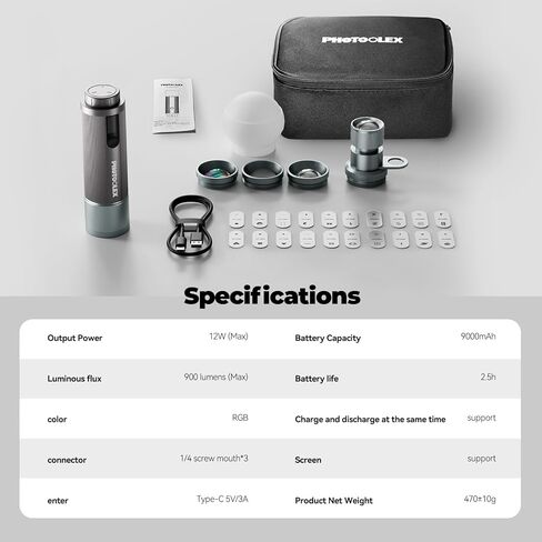 PHOTOOLEX PRO 12W RGB Photography Flashlight, 360 ° Full Color LED Portable Spotlight, Conical Optical Snoot Kit with 10 Metal Gobos/9000mAh/3 Lens/CRI 96+/12 Effects, LCD Display, APP Control in Kuwait