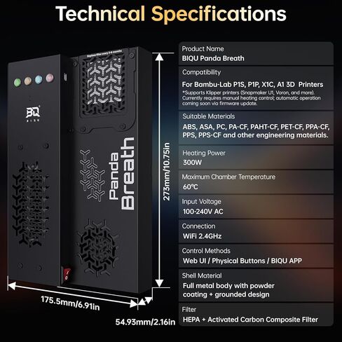 سخان الغرفة الذكي BIQU Panda Breath & سخان طابعة ثلاثي الأبعاد لتجفيف الفلتر لطابعات Bambu-Lab P1P، P1S، X1C، A1، Snapmaker U1، Voron2.4، Trident، VZBot Klipper ثلاثية الأبعاد in Kuwait
