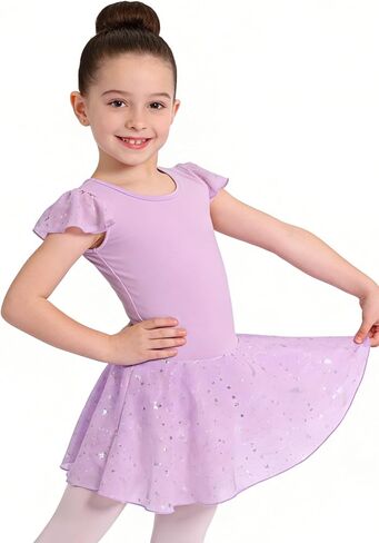 Ballet Leotards for Girls - Toddler Ruffle Sleeve Back Bow Star Glitter Tutu Dance Dress in Kuwait