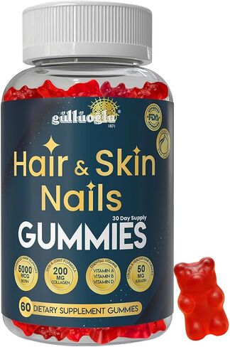 منذ 1871 GÜLLÜOGLU علكات الشعر والبشرة والأظافر - بيوتين 5000 ميكروجرام، كولاجين 200 مجم وكيراتين 50 مجم - مع MSM، الخيزران وفيتامينات A، C، D، E - خالية من الغلوتين، غير معدلة وراثيًا، 60 علكات التوت in Kuwait