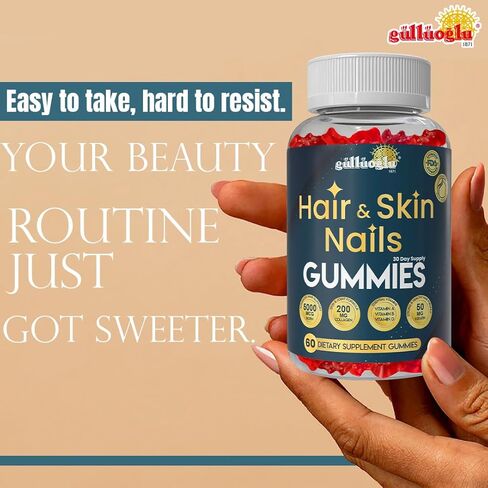 منذ 1871 GÜLLÜOGLU علكات الشعر والبشرة والأظافر - بيوتين 5000 ميكروجرام، كولاجين 200 مجم وكيراتين 50 مجم - مع MSM، الخيزران وفيتامينات A، C، D، E - خالية من الغلوتين، غير معدلة وراثيًا، 60 علكات التوت in Kuwait