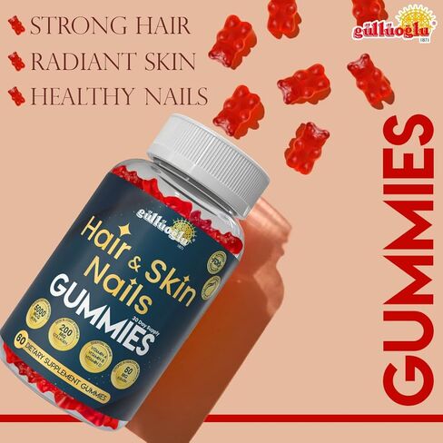 منذ 1871 GÜLLÜOGLU علكات الشعر والبشرة والأظافر - بيوتين 5000 ميكروجرام، كولاجين 200 مجم وكيراتين 50 مجم - مع MSM، الخيزران وفيتامينات A، C، D، E - خالية من الغلوتين، غير معدلة وراثيًا، 60 علكات التوت in Kuwait