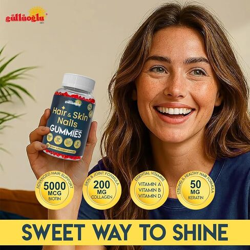 منذ 1871 GÜLLÜOGLU علكات الشعر والبشرة والأظافر - بيوتين 5000 ميكروجرام، كولاجين 200 مجم وكيراتين 50 مجم - مع MSM، الخيزران وفيتامينات A، C، D، E - خالية من الغلوتين، غير معدلة وراثيًا، 60 علكات التوت in Kuwait