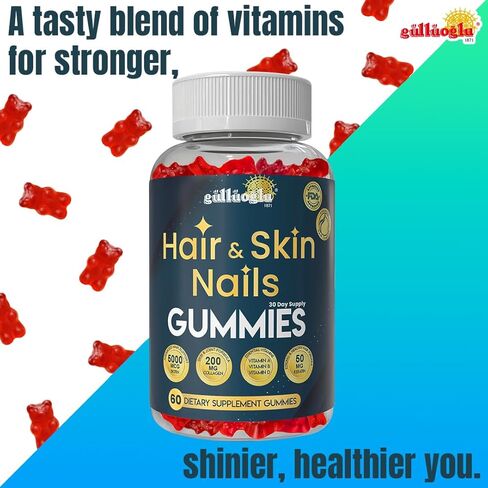 منذ 1871 GÜLLÜOGLU علكات الشعر والبشرة والأظافر - بيوتين 5000 ميكروجرام، كولاجين 200 مجم وكيراتين 50 مجم - مع MSM، الخيزران وفيتامينات A، C، D، E - خالية من الغلوتين، غير معدلة وراثيًا، 60 علكات التوت in Kuwait
