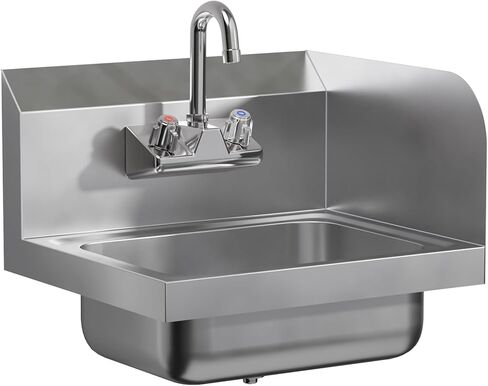 15 in. x 17 in. Stainless Steel Hand Sink with Right Side Splash Guard | Commercial Wall Mount Hand Basin with Gooseneck Faucet, Strainer, Back Splash | NSF Certified in Saudi Arabia