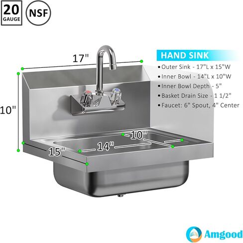 15 in. x 17 in. Stainless Steel Hand Sink with Right Side Splash Guard | Commercial Wall Mount Hand Basin with Gooseneck Faucet, Strainer, Back Splash | NSF Certified in Saudi Arabia