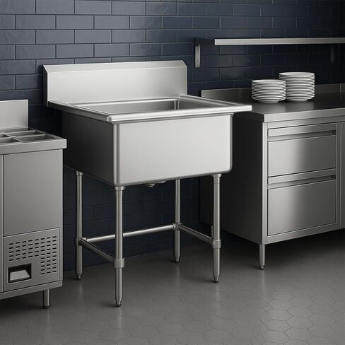 32" x 16" Stainless Steel Utility Sink with 6" Backsplash – 16-Gauge 304 Freestanding Commercial Prep & Wash Sink for Single-Inlet Faucet in Utility Rooms, Cafes, Bars, Foodservice Kitchens in Kuwait