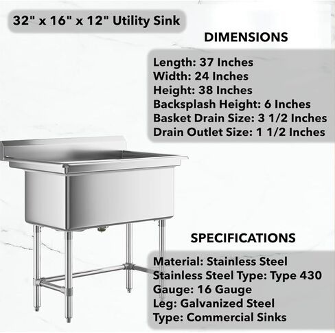 32" x 16" Stainless Steel Utility Sink with 6" Backsplash – 16-Gauge 304 Freestanding Commercial Prep & Wash Sink for Single-Inlet Faucet in Utility Rooms, Cafes, Bars, Foodservice Kitchens in Kuwait