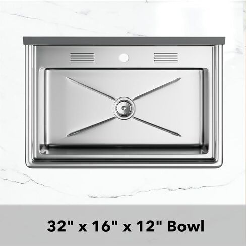 32" x 16" Stainless Steel Utility Sink with 6" Backsplash – 16-Gauge 304 Freestanding Commercial Prep & Wash Sink for Single-Inlet Faucet in Utility Rooms, Cafes, Bars, Foodservice Kitchens in Kuwait