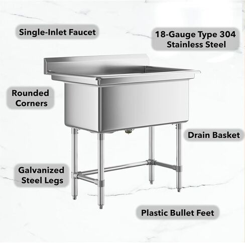 32" x 16" Stainless Steel Utility Sink with 6" Backsplash – 16-Gauge 304 Freestanding Commercial Prep & Wash Sink for Single-Inlet Faucet in Utility Rooms, Cafes, Bars, Foodservice Kitchens in Kuwait