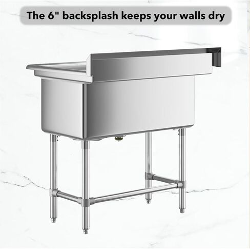 32" x 16" Stainless Steel Utility Sink with 6" Backsplash – 16-Gauge 304 Freestanding Commercial Prep & Wash Sink for Single-Inlet Faucet in Utility Rooms, Cafes, Bars, Foodservice Kitchens in Kuwait