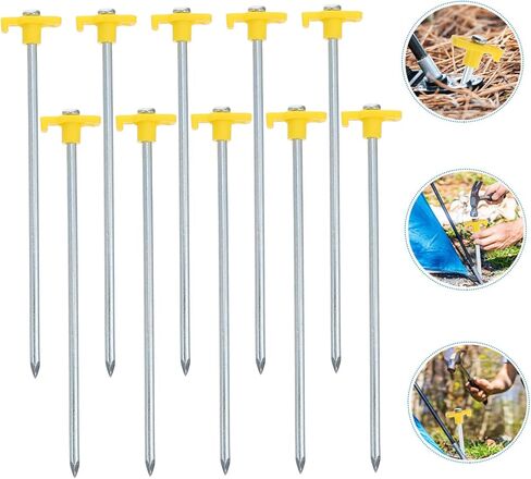POPETPOP 10pcs Yellow Lengthened Tent Pegs with Hook for Camping Heavy Duty Ground Nails for Outdoor Hiking Easy to Fix and Remove Long and Thick Loosening Stakes for Hard Soil in Saudi Arabia