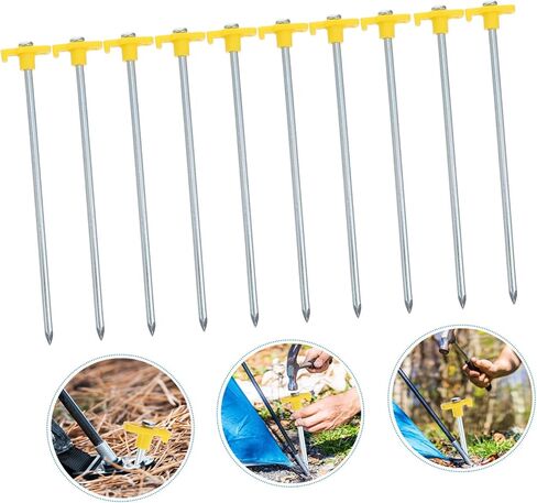 POPETPOP 10pcs Yellow Lengthened Tent Pegs with Hook for Camping Heavy Duty Ground Nails for Outdoor Hiking Easy to Fix and Remove Long and Thick Loosening Stakes for Hard Soil in Saudi Arabia