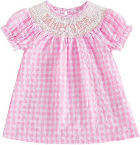 Toddler Girls Smocked Big Sister Dress Short Sleeve Plaid Letter Embroidery Bubble A-line Pink Bishop Dresses in Saudi Arabia