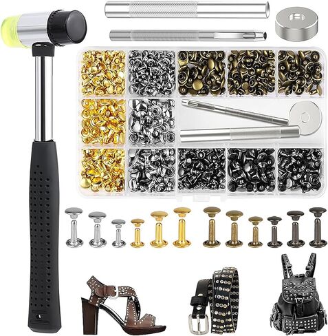 480 مجموعة من 3 مقاسات من المسامير الجلدية ذات الغطاء المزدوج للجلد مع مجموعة أدوات تثبيت المطرقة المطاطية، مسامير معدنية أنبوبية من أجل قبعات جلدية يدوية الصنع وأحذية ومحفظة وإصلاح الحقائب (4 ألوان) in Kuwait