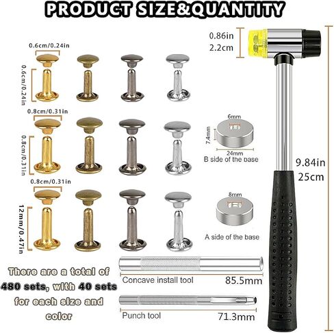 480 مجموعة من 3 مقاسات من المسامير الجلدية ذات الغطاء المزدوج للجلد مع مجموعة أدوات تثبيت المطرقة المطاطية، مسامير معدنية أنبوبية من أجل قبعات جلدية يدوية الصنع وأحذية ومحفظة وإصلاح الحقائب (4 ألوان) in Kuwait