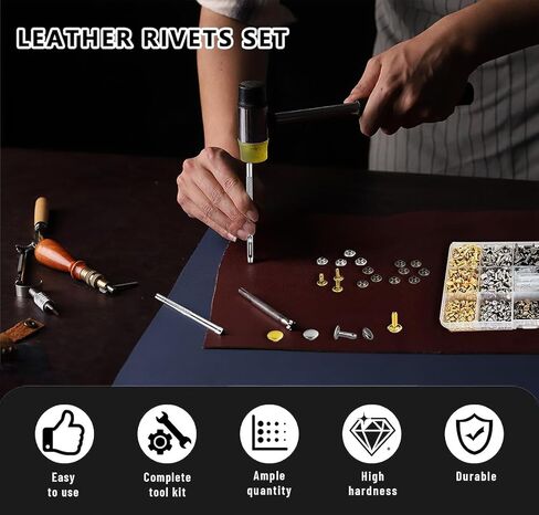 480 مجموعة من 3 مقاسات من المسامير الجلدية ذات الغطاء المزدوج للجلد مع مجموعة أدوات تثبيت المطرقة المطاطية، مسامير معدنية أنبوبية من أجل قبعات جلدية يدوية الصنع وأحذية ومحفظة وإصلاح الحقائب (4 ألوان) in Kuwait