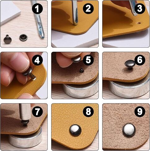 480 مجموعة من 3 مقاسات من المسامير الجلدية ذات الغطاء المزدوج للجلد مع مجموعة أدوات تثبيت المطرقة المطاطية، مسامير معدنية أنبوبية من أجل قبعات جلدية يدوية الصنع وأحذية ومحفظة وإصلاح الحقائب (4 ألوان) in Kuwait