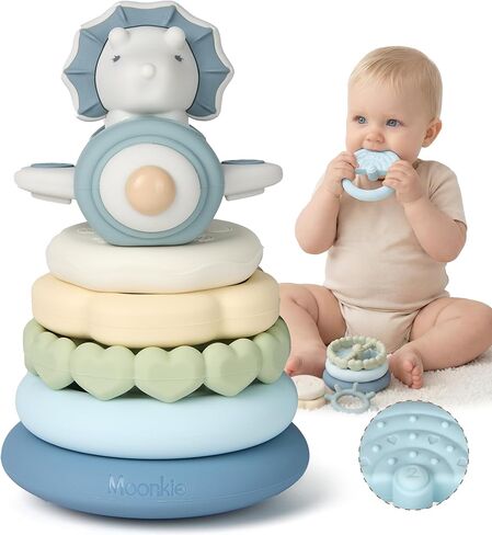 Moonkie Dinosaur Baby Stacking Toys | 7-Piece Silicone Rings for Teething Relief | Educational Toy for Infants & Toddlers 6 Months+ | Baby Boy Essentials in Kuwait