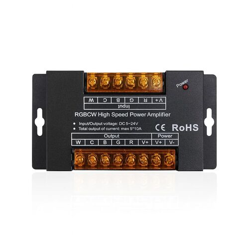 RGBW High Speed Power Amplifier, DC 5-24V LED Strip Controller, 5 Channel 50A Output, Steel Construction with Heat Dissipation, Surface Mount Design, 81x64mm, RoHS CE Certified in Saudi Arabia