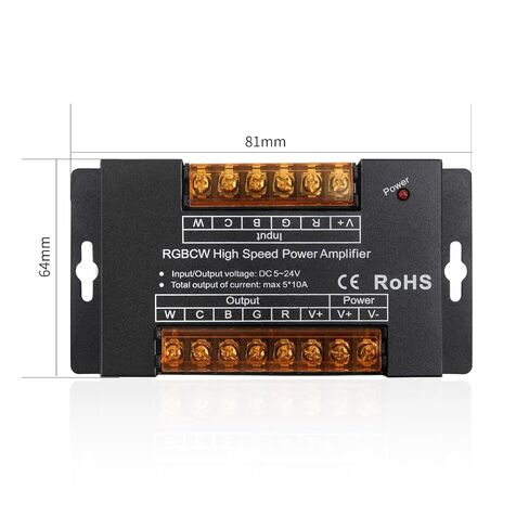 RGBW High Speed Power Amplifier, DC 5-24V LED Strip Controller, 5 Channel 50A Output, Steel Construction with Heat Dissipation, Surface Mount Design, 81x64mm, RoHS CE Certified in Saudi Arabia