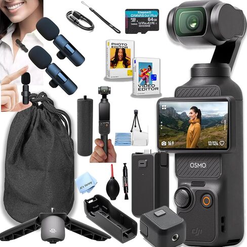 DJI Osmo Pocket 3, Vlogging Camera, 4K/120fps Vlog Camera, 3-Axis Stabilization, Face/Object Tracking, + 64GB Memory, 2pc Mic, Battery, Hand Grip Software + More (Podcast Vlogging Bundle) in Kuwait