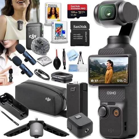 DJI Osmo Pocket 3 Gimbal Camera Bundle, Aries Portable Power, Slinger case | DJI Camera Bundle With Slinger Case & Screen Protector, Green Extreme Card Reader, 64GB Card & PRO-OPTIC CleaningKit in Saudi Arabia