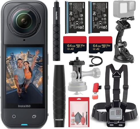 كاميرا الأكشن Insta360 X5 8K 360 مقاومة للماء | مستشعرات 1/1.28 بوصة، عدسات قابلة للاستبدال، تقنية PureVideo AI، التثبيت (CINSAAHA_X501) + 2 بطارية + عصا سيلفي غير مرئية + المزيد in Kuwait