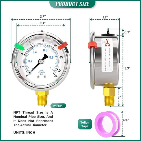 0-15psi من الفولاذ المقاوم للصدأ 1/4 بوصة NPT 2.5 بوصة، مقياس ضغط مملوء بسائل الجلسرين، حامل سفلي لاختبار ضغط الماء والزيت والهواء (مع مؤشر علامة النطاق) in Kuwait
