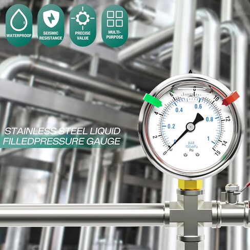 0-15psi من الفولاذ المقاوم للصدأ 1/4 بوصة NPT 2.5 بوصة، مقياس ضغط مملوء بسائل الجلسرين، حامل سفلي لاختبار ضغط الماء والزيت والهواء (مع مؤشر علامة النطاق) in Kuwait