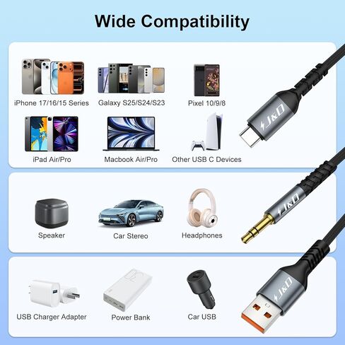J&D USB C إلى 3.5 مم كابل AUX CAR ، 2 في 1 3.5 مم كابل سماعة سماعات رأس AUX للسيارة مع سلك الشاحن ، متوافق مع مجموعة واسعة من الهواتف المحمولة ، الرمادي ، 4 أقدام in Saudi Arabia