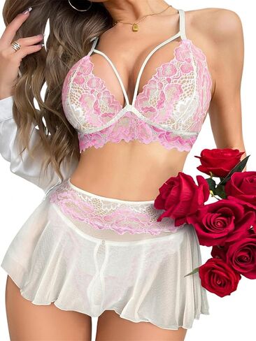 تنورة صغيرة مثيرة مع G-string string lace Lace Leglete Lingerie Set 3 قطعة otufits in Kuwait
