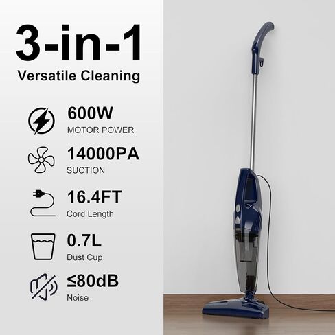 Corded Stick Vacuum Cleaner, 3-in-1 Detachable to Handheld with 180°Left-Right Steering, 14KPA Powerful Suction for Pet Hair on Hard Floors, HEPA Filter, Lightweight with 16.4ft Long Cord in Saudi Arabia