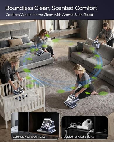 Upgrade Cordless Mattress Vacuum with 18kPa Ultra-Deep Suction, 2-Speed Bed Vacuum with 33000 RPM/Min Roller Brush, 253.7nm UV-C Light & LED Display, HEPA, 149℉ Heat, Aroma & Anion for Bed Sofa in Saudi Arabia