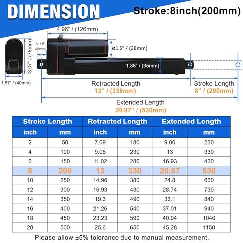 330lbs/1500N Linear Actuator 12V 8 Inch Stroke Speed 0.4"/sec IP65 Waterproof Electric Linear Motor with Mounting Brackets for Window Opener,Solar Tracker,Lift System in Kuwait