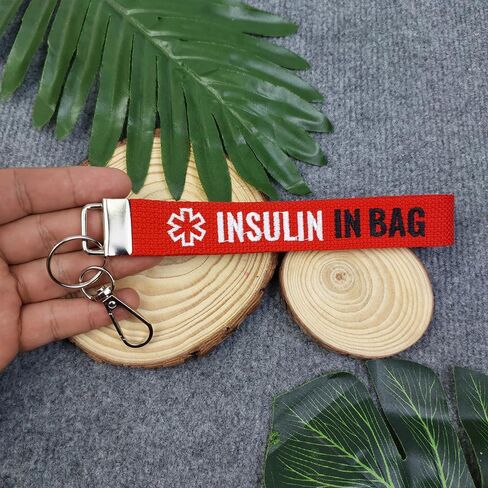 Medical Alert Insulin Emergency Keychain Tag, Red Embroidered Fabric, Backpack Bag Identifier with Carabiner Clip in Saudi Arabia