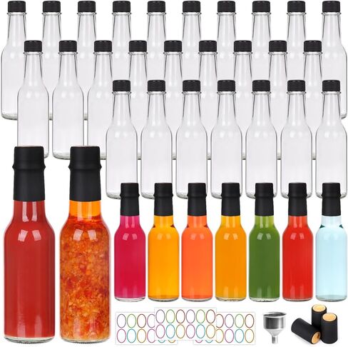 35 عبوة من زجاجات الصلصة الساخنة سعة 5 أونصة، زجاجة زجاجية شفافة مع كبسولات منكمش، زجاجة نبيذ صغيرة فارغة مع غطاء لولبي مانع للتسرب، وإدراج قطارة للصلصات المنزلية والزيوت والملابس in Kuwait