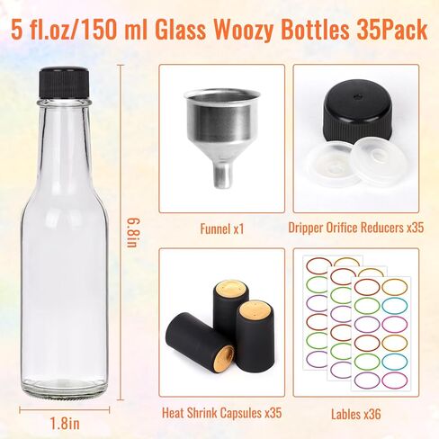 35 عبوة من زجاجات الصلصة الساخنة سعة 5 أونصة، زجاجة زجاجية شفافة مع كبسولات منكمش، زجاجة نبيذ صغيرة فارغة مع غطاء لولبي مانع للتسرب، وإدراج قطارة للصلصات المنزلية والزيوت والملابس in Kuwait