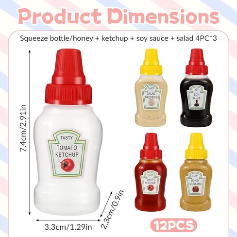 12 Pcs Mini Ketchup Bottles for Bento Box 25ml Condiment Squeeze Bottles 4 Styles Portable Plastic Sauce Container Refillable Jars Containers Lunch Box Honey Sauce Salad Dressing Dispensers in Saudi Arabia