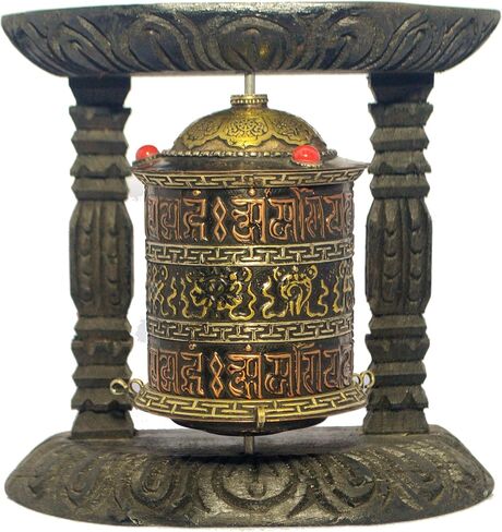 عجلة الصلاة التبتية التقليدية، حامل خشبي مع أسطوانة نحاسية، تصميم بوذي أوم ماني بادمي هوم in Kuwait