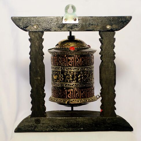 عجلة الصلاة التبتية التقليدية، حامل خشبي مع أسطوانة نحاسية، تصميم بوذي أوم ماني بادمي هوم in Kuwait