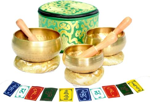 Tibetan Singing Bowl Set of 3 Authentic 7 Metals Meditation Sound Bowl for Yoga, Relaxation, Chakra Bowl, Handmade, Comes with Prayer flag, 3 Wooden Mallet, Silk Cushions, Brocade Box in Kuwait