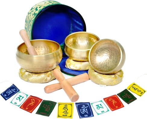 Tibetan Singing Bowl Set of 3 Authentic 7 Metals Meditation Sound Bowl for Yoga, Relaxation, Chakra Bowl, Handmade, Comes with Prayer flag, 3 Wooden Mallet, Silk Cushions, Brocade Box in Kuwait