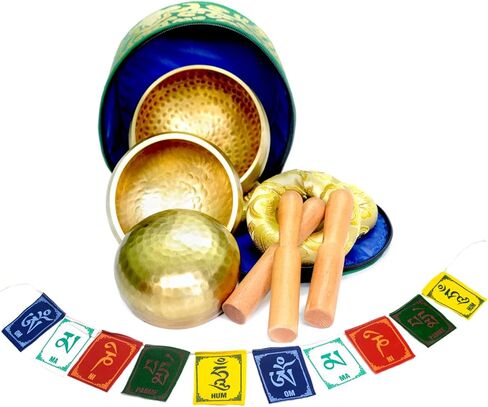 Tibetan Singing Bowl Set of 3 Authentic 7 Metals Meditation Sound Bowl for Yoga, Relaxation, Chakra Bowl, Handmade, Comes with Prayer flag, 3 Wooden Mallet, Silk Cushions, Brocade Box in Kuwait
