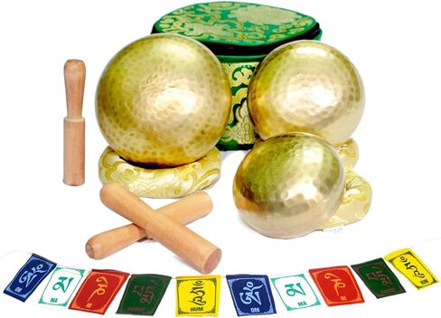 Tibetan Singing Bowl Set of 3 Authentic 7 Metals Meditation Sound Bowl for Yoga, Relaxation, Chakra Bowl, Handmade, Comes with Prayer flag, 3 Wooden Mallet, Silk Cushions, Brocade Box in Kuwait