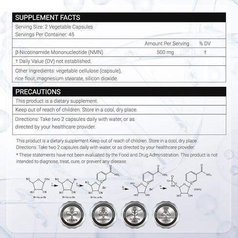 NMN Supplement 500mg - 99% Pure NMN Supplement Capsules for Increased NAD Levels & Healthy Aging - Third Party Tested Stabilized Capsules, cGMP Certified, 90 Liposomal NMN (45 Servings) in Saudi Arabia